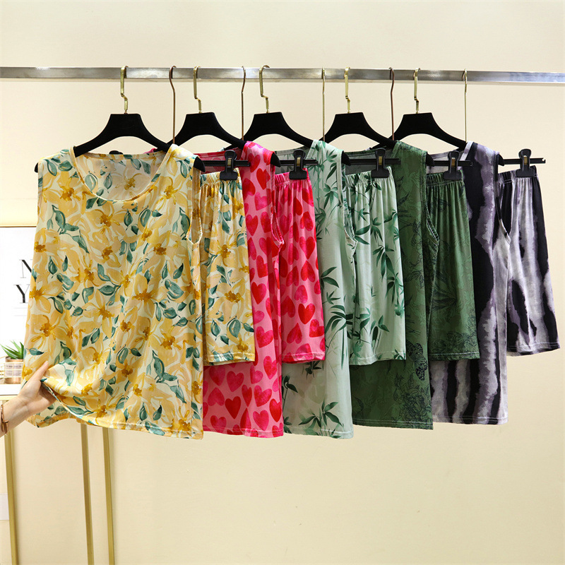 Cotton Silk Home Clothes suit Women's Base Vest Shorts Two-piece Summer Thin plus size Rayon Pajamas Pajamas Cotton Silk Home Clothes suit Women's Base Vest Shorts Two-piece Summer Thin plus size Rayon Pajamas Pajamas