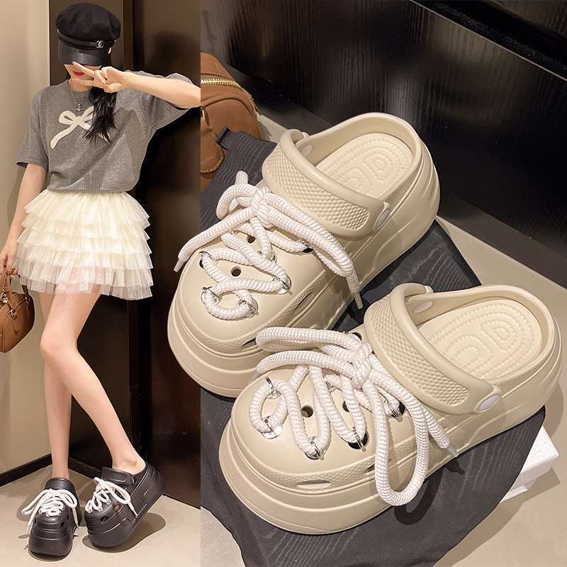 2025 New Summer Style 9cm Super High Heel Clogs with Sweet Lace-Up Design Eva Material Thick Sole Outdoor Vacation