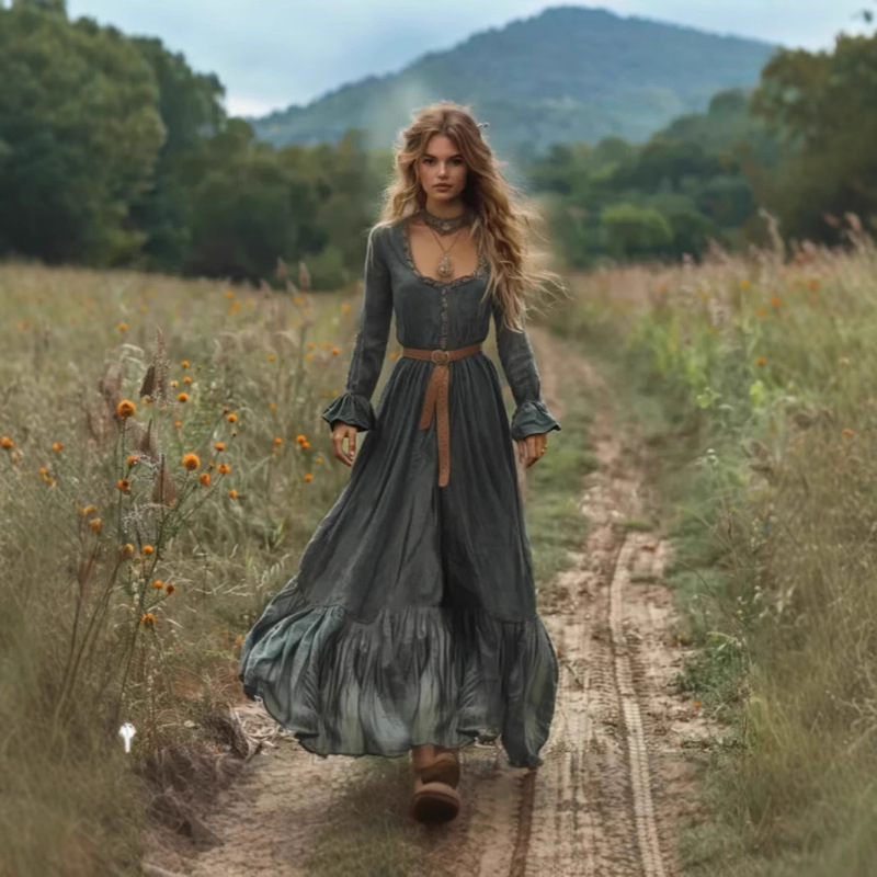 Retro Bohemian Pastoral Leaky Back Tight Waist dress