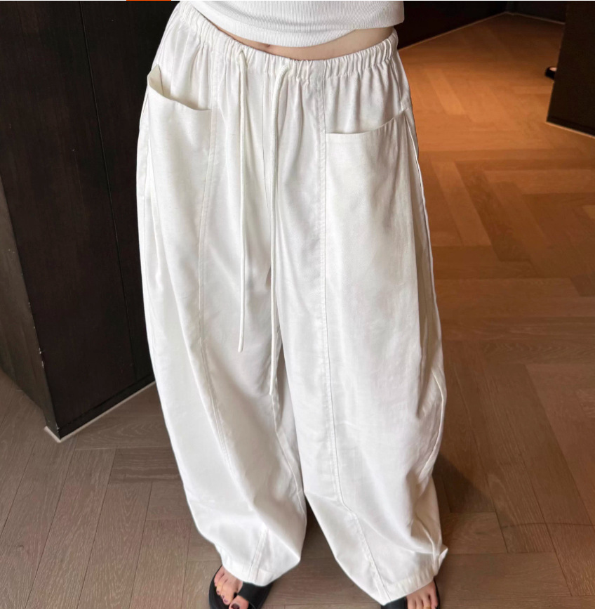 Quần culottes nữ ống rộng cạp thun dây rút vải linen mùa hè — màu đen, màu trắng ngà chi tiết 2