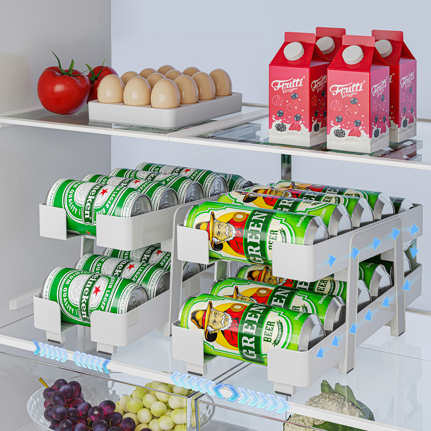 Artefacto de almacenamiento de refrigerador retráctil, relleno automático transparente de doble capa, estante de almacenamiento de bebidas, caja de almacenamiento de refrigerador