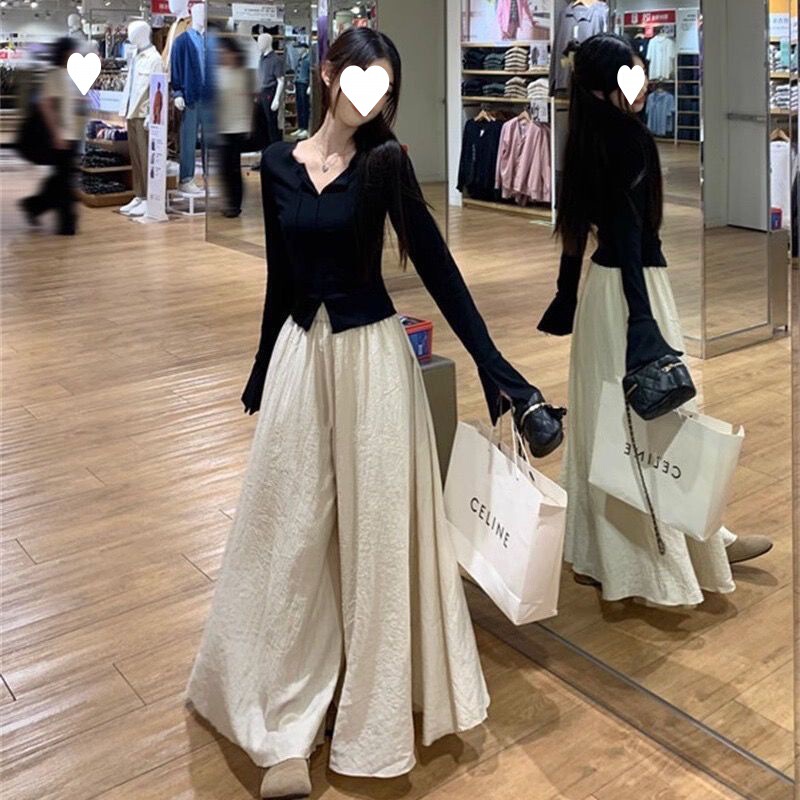 Elegant Suit black flared long-sleeved T-shirt women's early autumn elastic casual culottes two-piece set delivery within days Elegant Suit black flared long-sleeved T-shirt women's early autumn elastic casual culottes two-piece set delivery within days