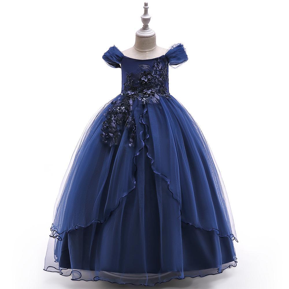 歐美外貿兒童走秀晚禮服一字肩公主裙花童婚紗蓬蓬女童鋼琴演出服