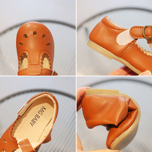 Summer new style Velcro small leather shoes for boys and girls, retro British style hollow children's soft-soled beanie shoes, casual shoes