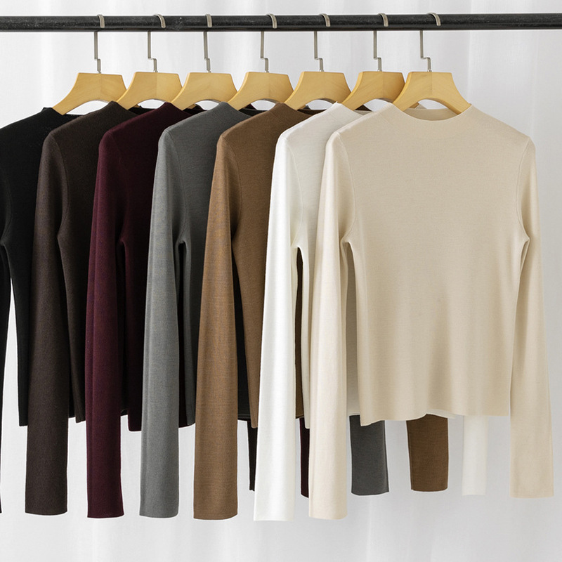 60 Pcds Worsted Merino Yangzi Sweater Women's Pure Wool Round Neck Slim-fit All-match Base Shirt Long Sleeve Autumn and Winter