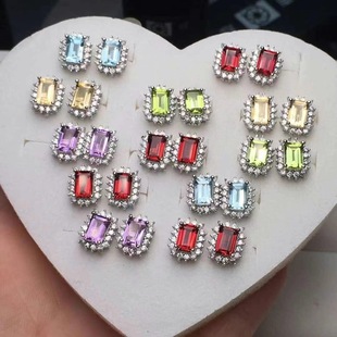 Natural Topaz Garnet Amethyst Peridot Citrine Earrings s925 Sterling Silver Inlaid Color Treasure Earrings