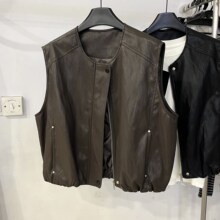 欧货圆领拉链设计感PU皮气质简约马甲女早秋款宽松休闲无袖外套潮