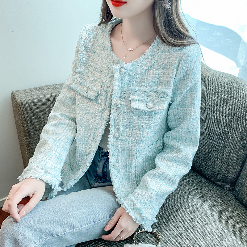 French Style Chanel Style Tweed Coat Women's 2024 Autumn and Winter New Fashion All-match Short Blue Top