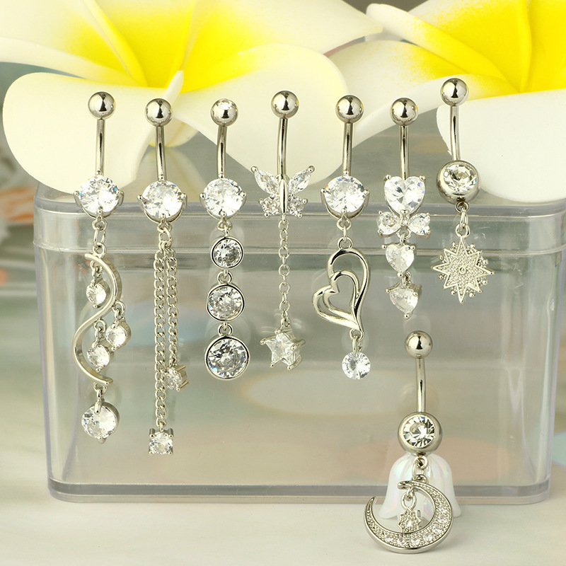 Stainless Steel Belly Button Ring Set - 8 Piece Butterfly Star Dangle Umbilical Jewelry Gold detail image 8