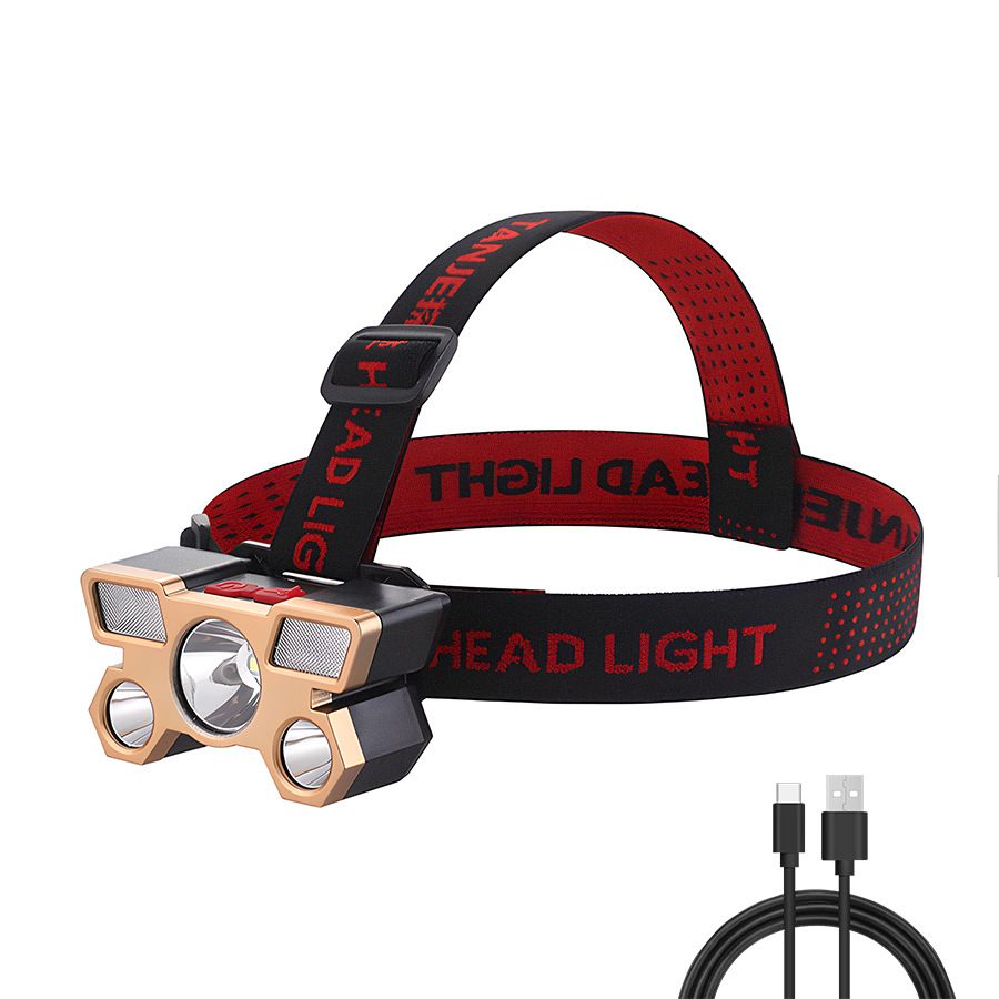 Transfronterizos nuevos fuertes cabezales ligeros led cinco cabezas de avión lámpara USB recargable cabeza pequeña linterna al aire libre lámpara de minería