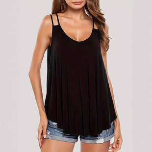 Cross-Border Foreign Trade European and American Summer New Large Size Round Neck Sleeveless Pullover Shoulder Vest Solid Color Loose Casual Top