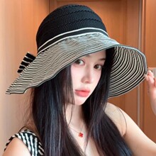 2026夏季新款百搭条纹遮阳帽子女大檐海边度假防晒渔夫帽可扎马尾