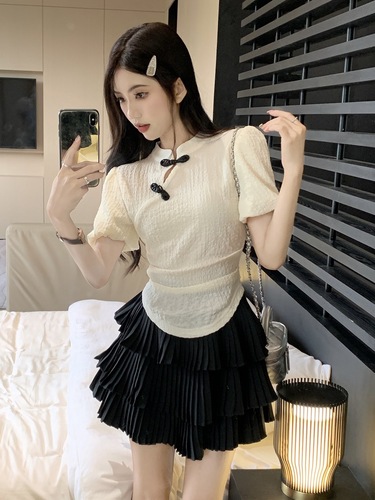 Summer  New Arrival: Design-Savvy, Niche French Bubble Sleeve Short-Sleeve Top + Skirt in Modern Chinese Style