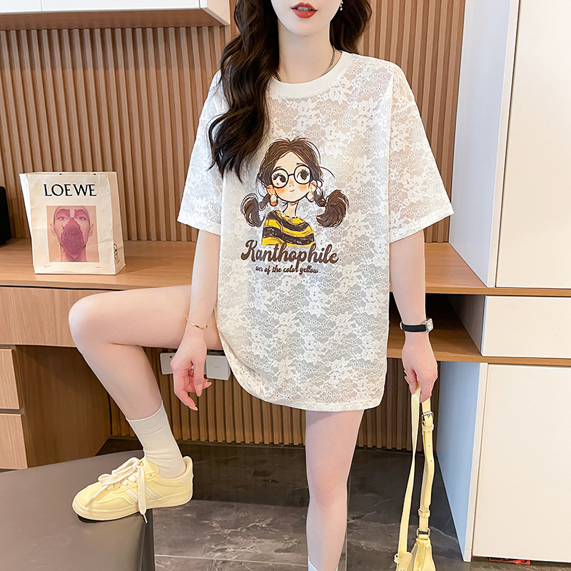 2025 Summer Pure Cotton Short-Sleeved T-Shirt Women's Korean Style Round Neck Lace Printed Beaded Top Fashion Plus Size Women's Clothing Trend