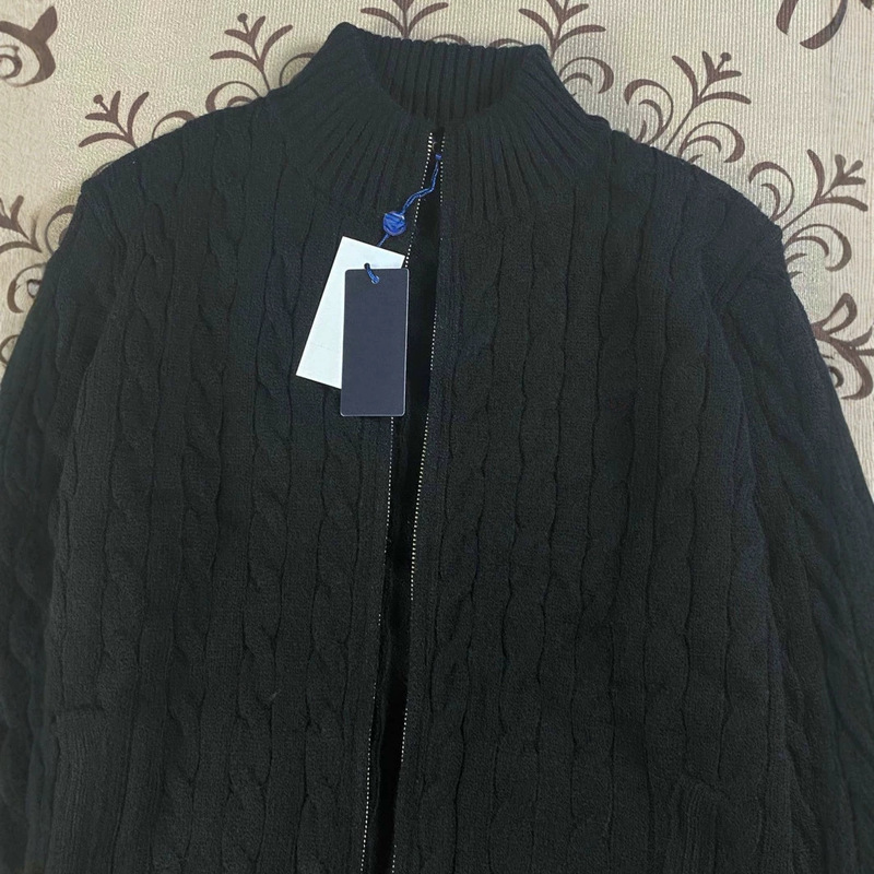 Custom Qr Code Embroidered Pony Logo Zip-Up Knit Sweater with Round Neck and Cable Knit Design for Couples