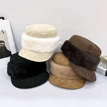 秋冬新款英伦风平顶贝雷帽显脸小韩版纯色毛绒拼接麂皮绒马术帽女