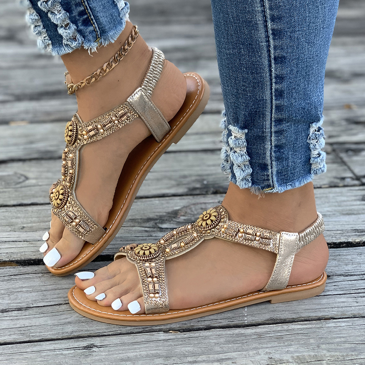 Bohemian 2024 Sommer Neue Perlen Wasser Diamant Bull Muscle Sohle Anti rutsch Schwangere frauen Schuhe Strand Sandalen_voghion.com