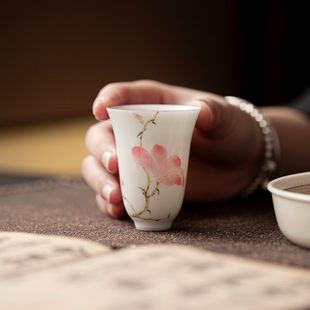 White Porcelain Hand-Painted Magnolia Ceramic Aroma Cup with Underglaze Color, Kung Fu Tea Set Tea Cup, Tall Single Cup