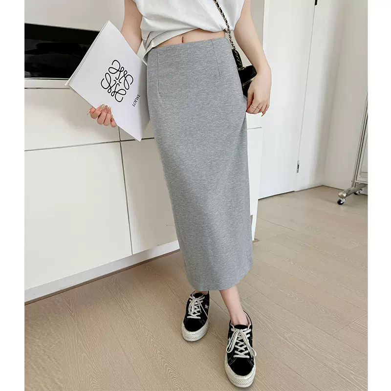 灰色后开叉半身裙女春秋新款高腰显瘦垂感包臀裙中长款遮胯a字裙