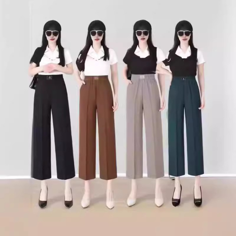 시폰 와이드 레그 팬츠 여성 여름 새 도착 자른 허리띠 써니 비즈 중년 엄마 캐주얼 바지 재고