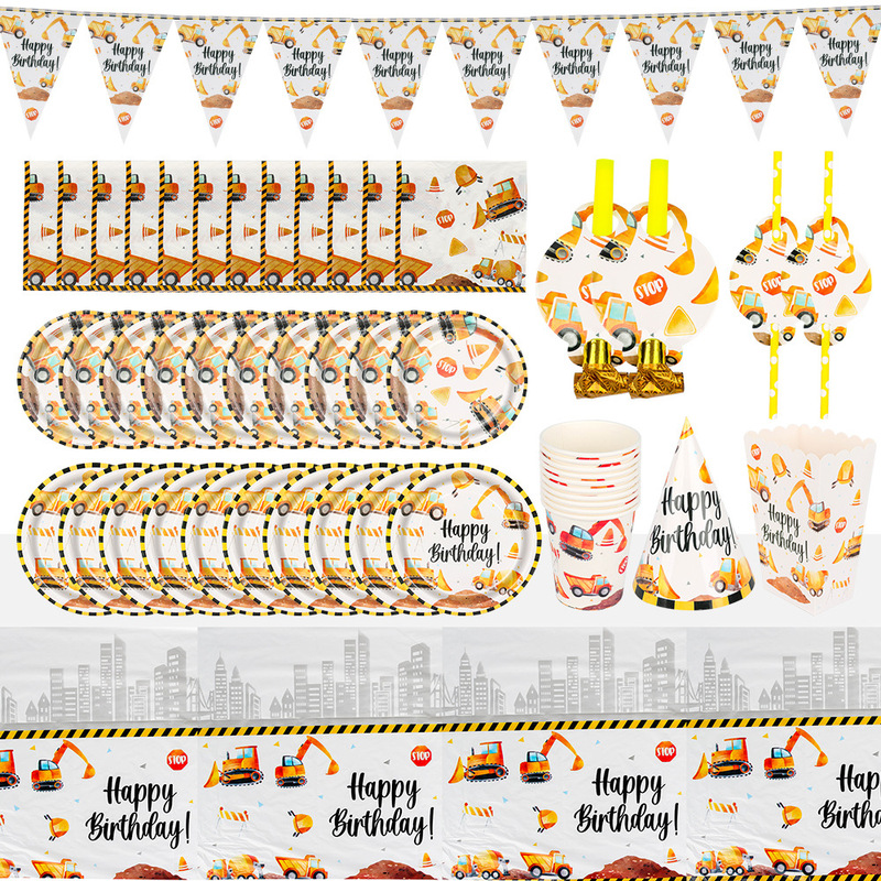 New Construction Engineering Vehicle Excavator Theme Children's Birthday Party Disposable Paper Cups and Tableware Set New Construction Engineering Vehicle Excavator Theme Children's Birthday Party Disposable Paper Cups and Tableware Set