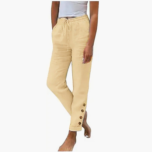 Independent station wish elastic waist pure color cotton linen straight casual buttons trousers women's retro