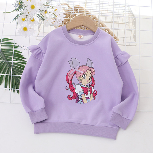 【】Children's clothing new style girls medium and large children's sweatshirts printed beautiful girls cute printed flying sleeves pullover lace