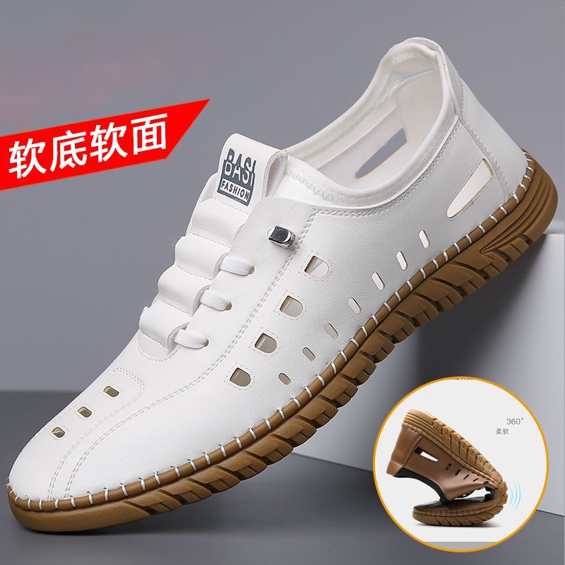 Sandalias de verano para hombre, zapatos de cuero casuales transpirables, zapatos blancos huecos y transpirables, zapatos con agujeros, sandalias de un solo pedal para hombre de suela blanda