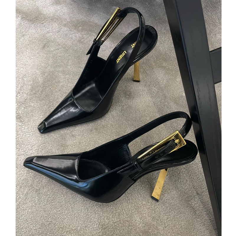 高跟鞋2024年新款春秋小方头浅口一字带单鞋漆皮黑色性感御姐女鞋