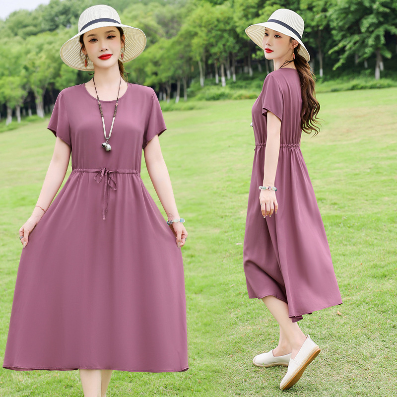2025 Summer Mom's Cotton Silk Dress Women's Mid-Length Fashionable Temperament Waist Slimming Lace-Up Solid Color Skirt