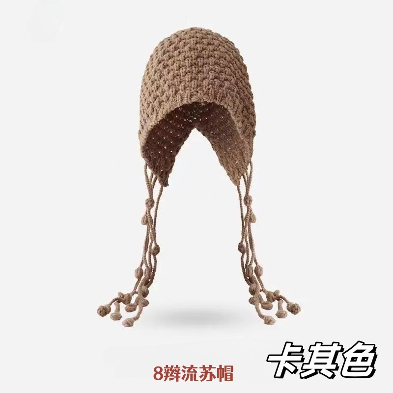 新款时尚补丁毛线帽秋冬季手工辫子流苏帽红色百搭保暖护耳针织帽|undefined