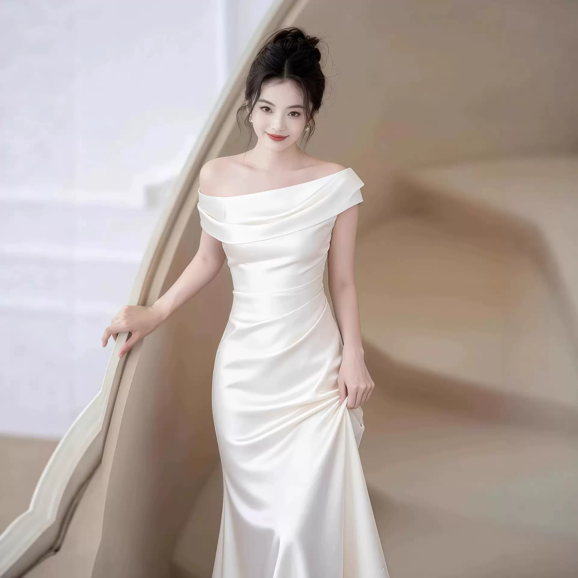 法式斜肩订婚礼服连衣裙女气质领证小白裙小众鱼尾一字肩晚礼服