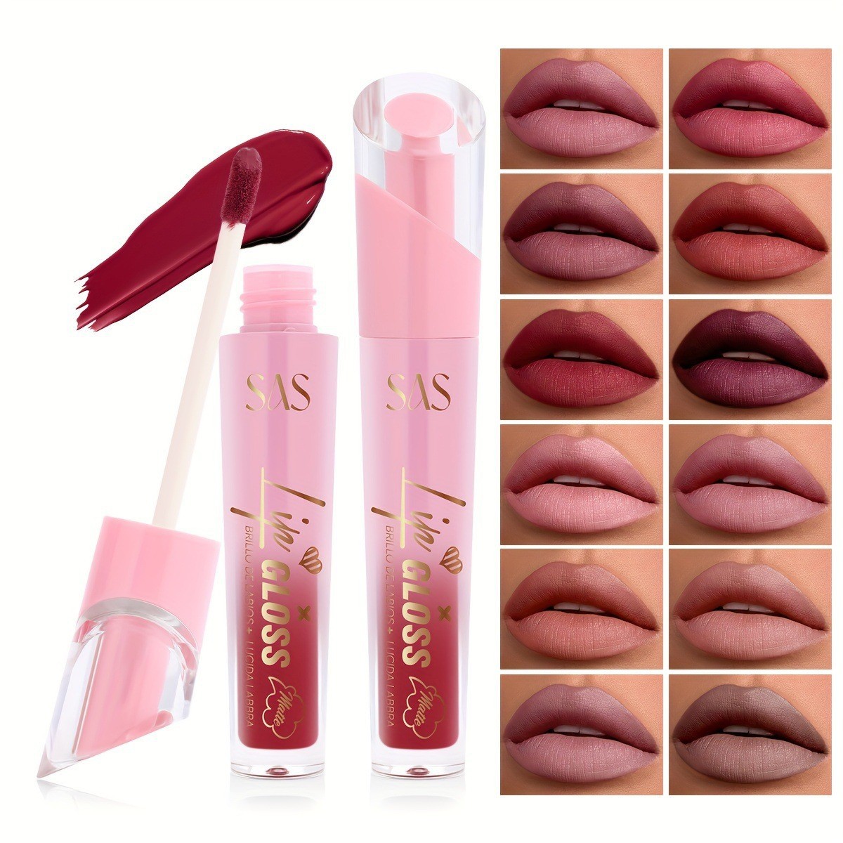 USHAS Esmalte de labios de punto transfronterizo europeo y americano, esmalte de labios de textura mate de terciopelo impermeable natural y duradero SAC024A B
