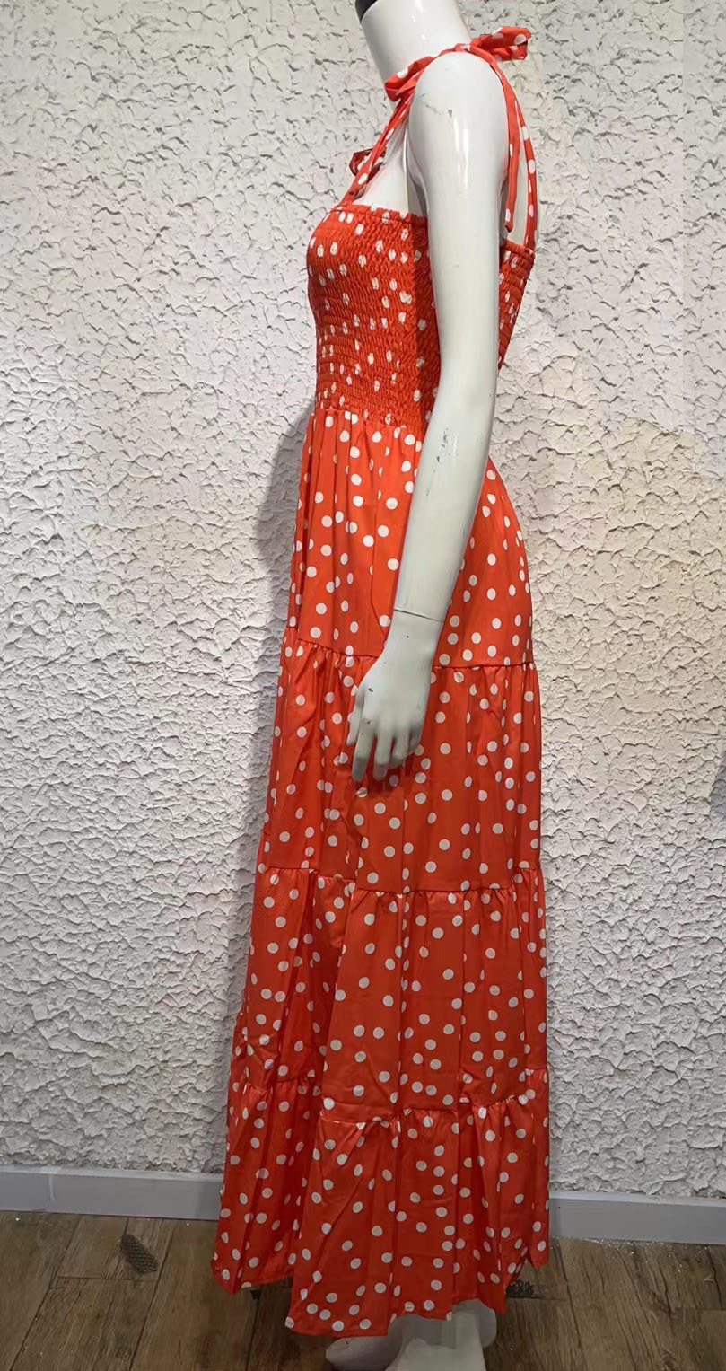 259g Weight Maxi Long Dress Dress Length Type Sleeveless Sleeve Length Regular Dress Dresses Type Regular Sleeve Sleeve Type Polyester Fabric Type High Waist Waist Line Daily Occasion Strap Neckline Regular Fit Fit Type Printing, Polka Dots Pattern Summer, Spring Season Women's Gender Elegant Style Wholesale Women's Elegant Printing Polka Dots Daily Strap Sleeveless Regular Dress 76