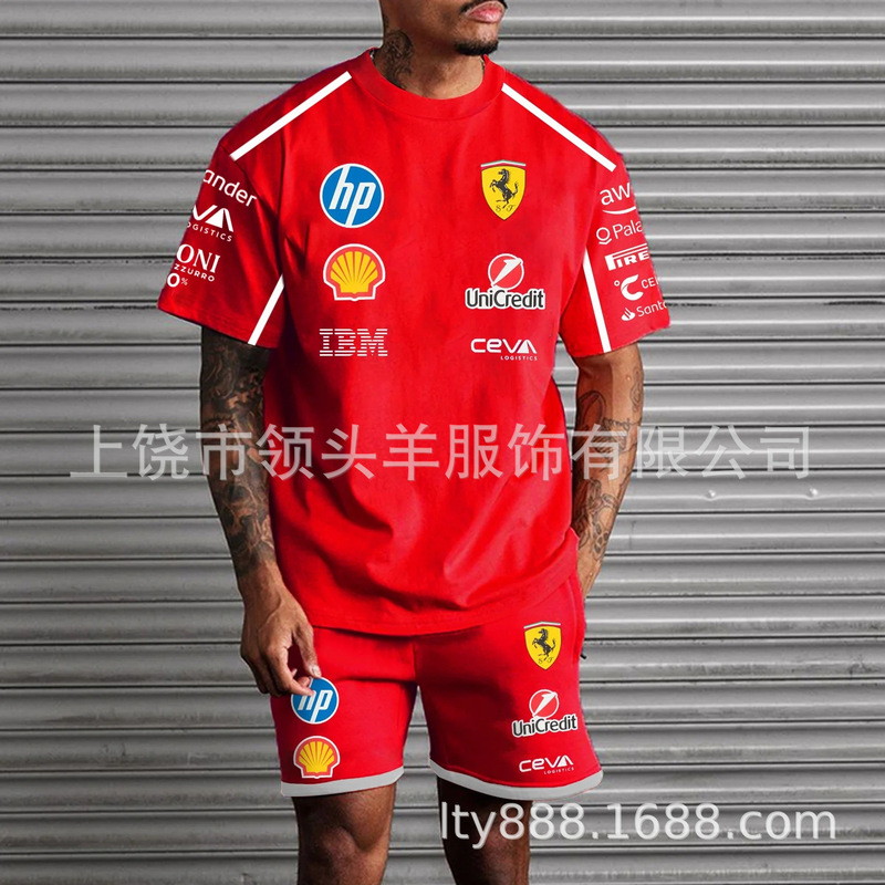 Foreign Trade Summer New F1 Car Racing Marlboro Bmw Ferrari Casual Printed Short-Sleeved Shorts T-Shirt Suit