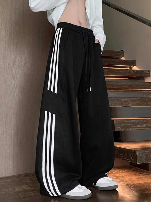 红色条纹卫裤男春秋潮牌美式青少年休闲裤宽松直筒阔腿重磅运动裤|undefined