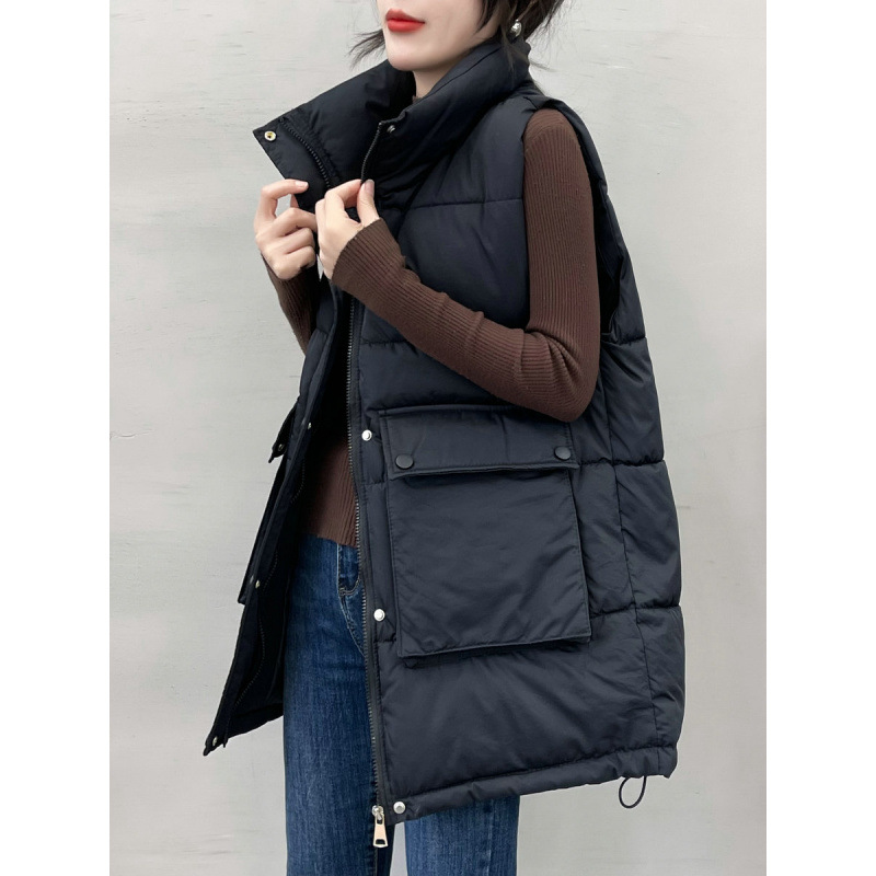 Down-filled cotton vest for women, outerwear, open collar, winter, loose, versatile, casual, zip-up jacket