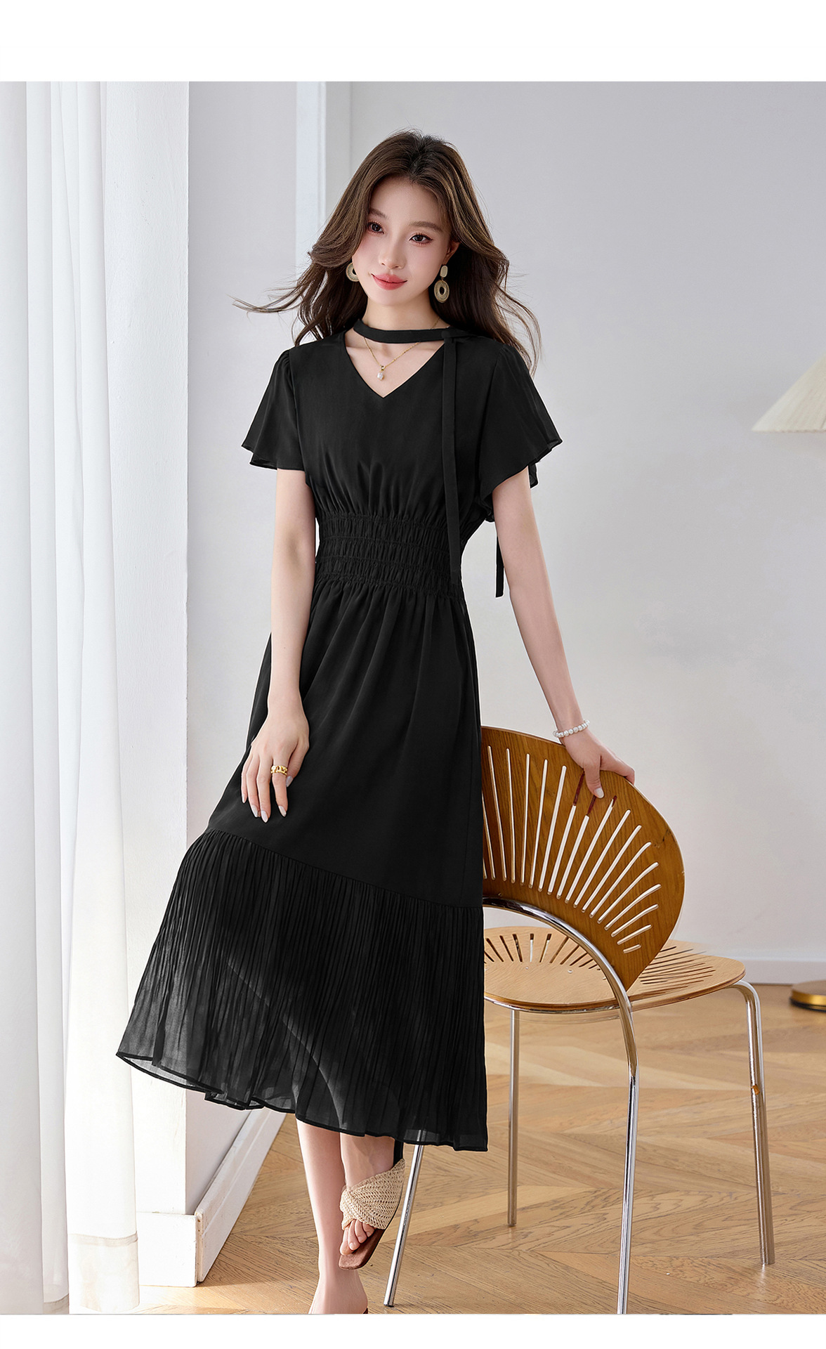 Đầm maxi nữ họa tiết hoa nhí thắt eo dáng chữ A dài quá gối — màu đen, màu hồng chi tiết 22