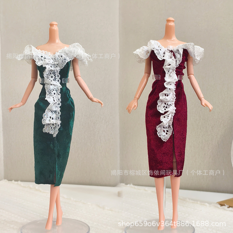 Cross-Border 30cm Barbie Doll Retro Night Shanghai Chinese Lace Velvet Cheongsam Dress Princess Dress-Up Export