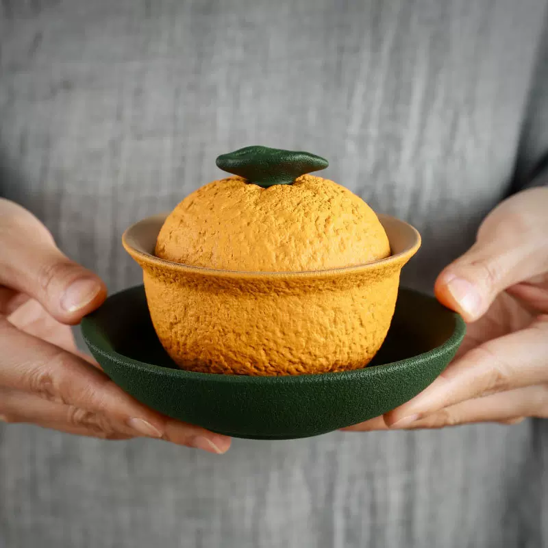 大吉大利橘子盖碗杯创意不烫手茶具套装功夫碗三才带盖陶瓷定logo