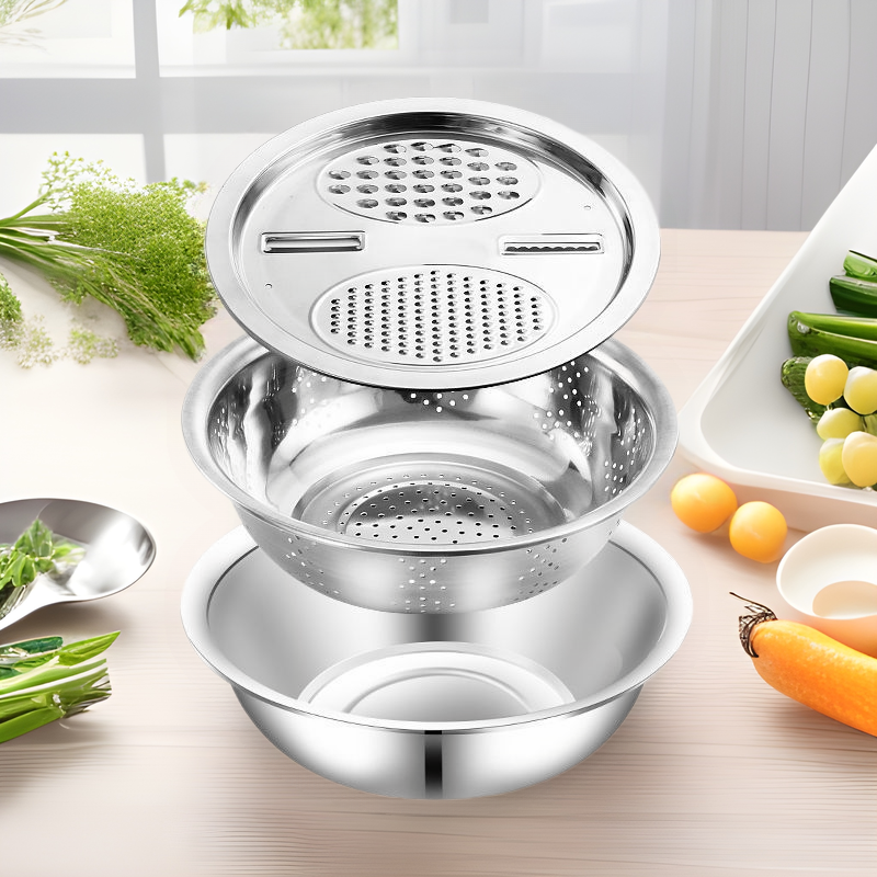 Stainless Steel Grater Plate Thickeneded Grater Peeler Rice Washing Sieve and Basin Three-Piece Set Household Drain Basket Rice Washing