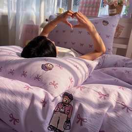 2025新款高克重105克木棉云感皱皱纱刺绣小熊印花款四件套-宿舍款