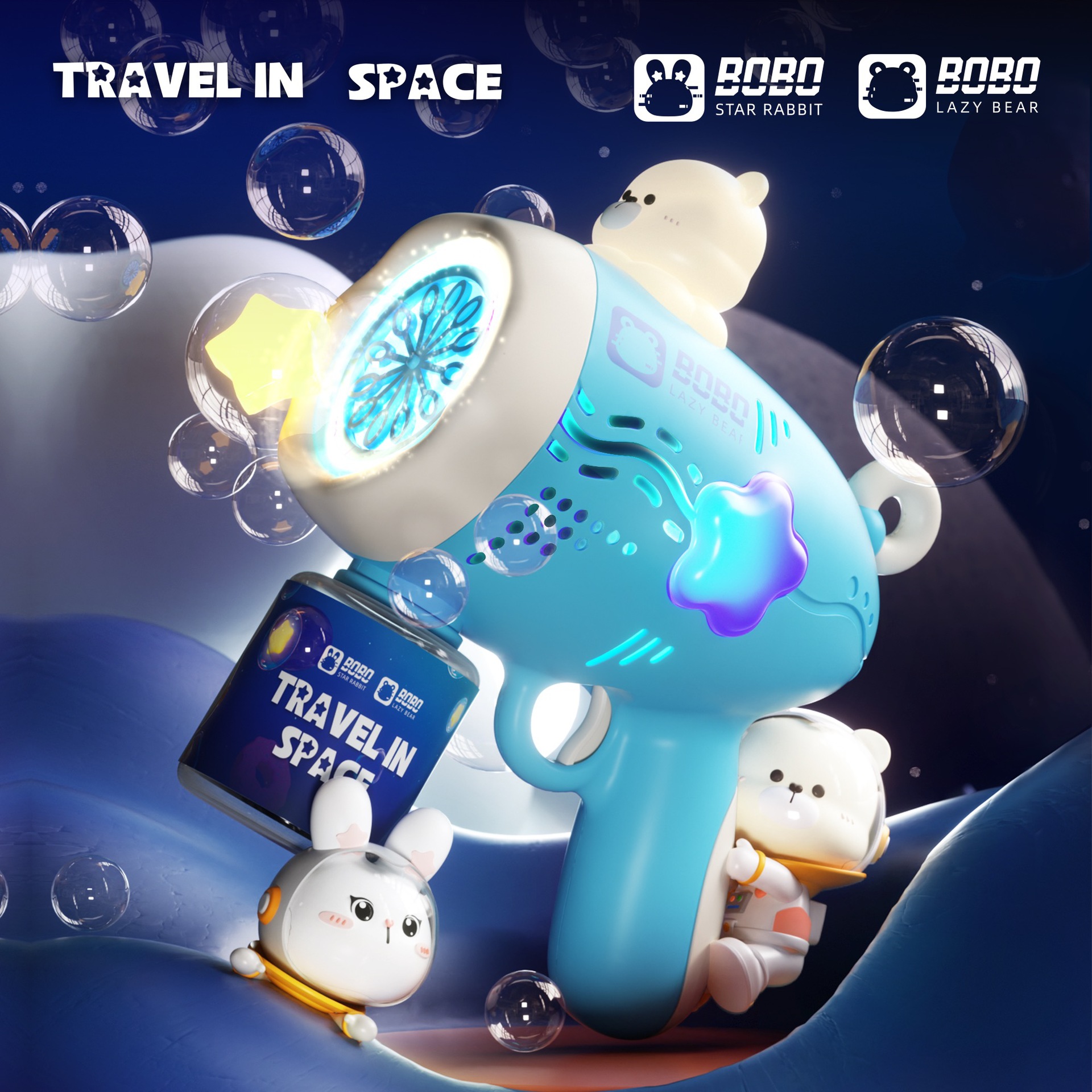 Niños de mano de 10 hoyos de la pistola de burbujas agujero efecto de luz respiración Meteor Light Bubble Machine juguete automático puesto al por mayor