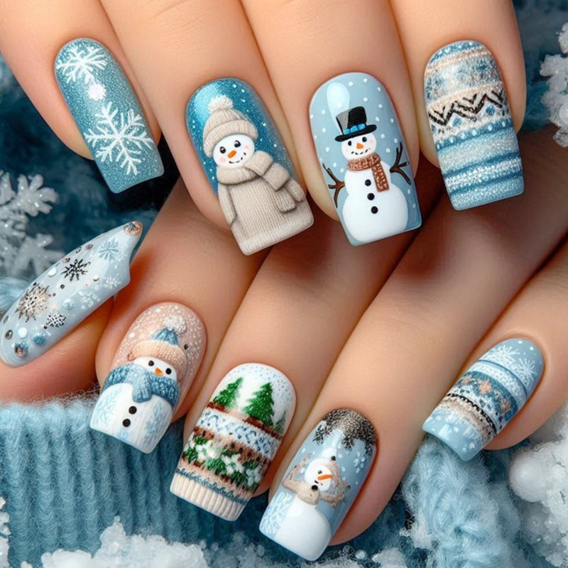 Christmas Wear Nails Medium Square Blue Snowflake Cartoon Snowman Removable Fake Nails Manicure Patch Nail Christmas Wear Nails Medium Square Blue Snowflake Cartoon Snowman Removable Fake Nails Manicure Patch Nail