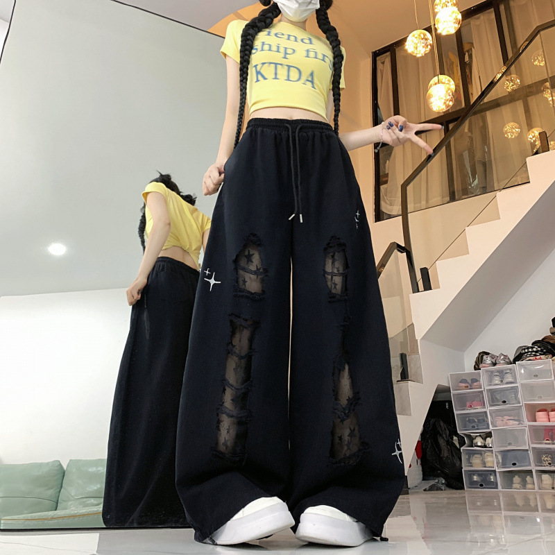 街舞潮牌贴布破洞牛仔裤女跳舞长裤设计感爵士辣妹休闲裤潮|undefined