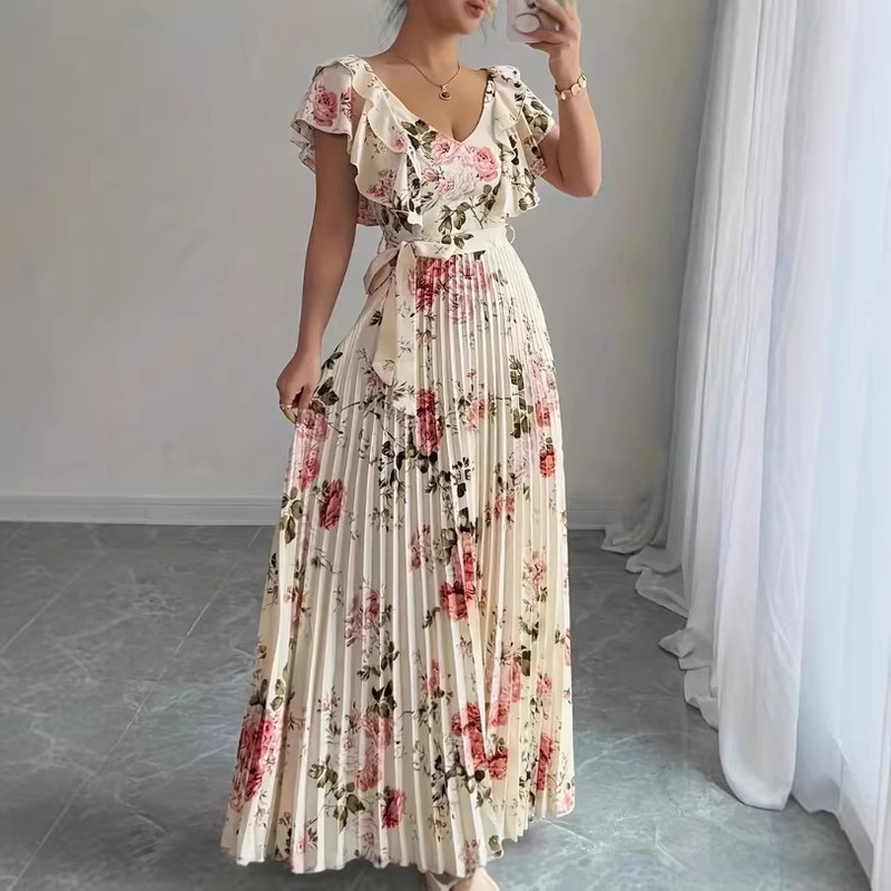2026 Hot Selling V-Neck Digital Floral Print Vacation Ruffle Waist A-Line Elegant Romantic Women's Dress