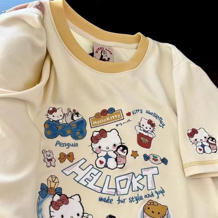オリジナルの重厚な刺繍（純綿210gコーマ糸、裏地付き）ルーズ半袖Tシャツ|undefined