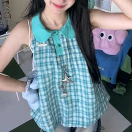 2026夏季新款甜辣风格纹娃娃领无袖背心女宽松显瘦气质高级感上衣