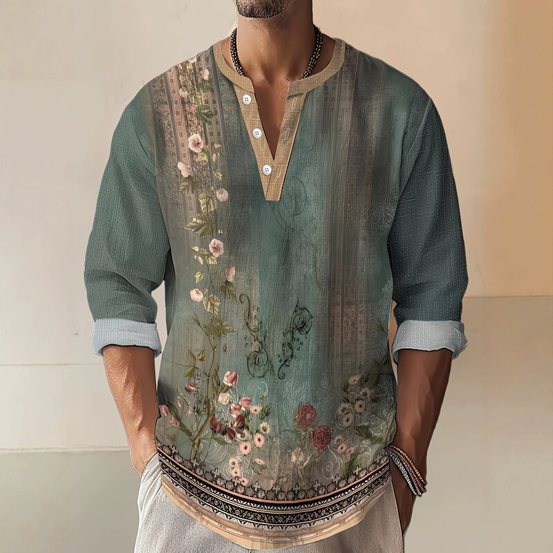 2026 Cross-border Amazon AliExpress tribal pattern V-neck buttoned men's long-sleeve polo shirt casual henley collar 2026 Cross-border Amazon AliExpress tribal pattern V-neck buttoned men's long-sleeve polo shirt casual henley collar