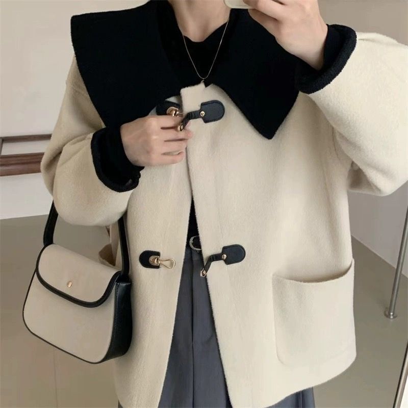 撞色娃娃领毛呢外套女2025秋冬新款设计感翻领加厚小个子呢子大衣|undefined